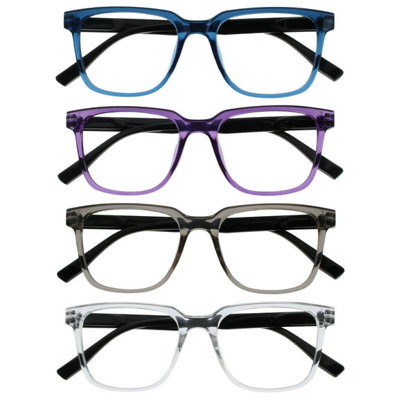 OPULIZE LEO Reading Glasses - 4-Pack - Large Rectangular Frame - Blue, Purple, Grey, Clear - Mens Womens - Spring Hinges - RRRR55-357C - +1.00