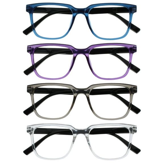 OPULIZE LEO Reading Glasses - 4-Pack - Large Rectangular Frame - Blue, Purple, Grey, Clear - Mens Womens - Spring Hinges - RRRR55-357C - +1.50