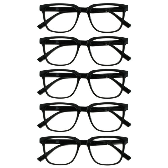 OPULIZE LEO Reading Glasses - 5 -Pack - Large Rectangular Frame - Black - Mens Womens - Spring Hinges - RRRRR55-1 - +1.50