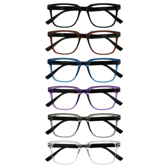 OPULIZE LEO Reading Glasses - 6-Pack - Large Rectangular Frame - Black, Brown, Blue, Purple, Grey, Clear - Mens Womens - Spring Hinges - RRRRRR55-12357C -  2.50