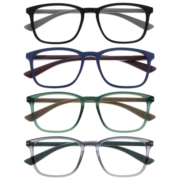 OPULIZE MAX Reading Classes 4 Pack - Classic Large Rectangular Frame - Matte Black Blue Green Gray - Men's Women's Unisex - Spring Hinges - RRRR78-1367 - +1.00
