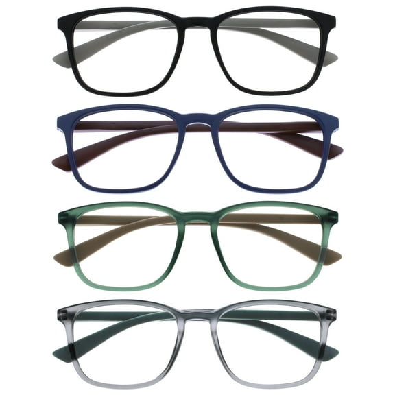 OPULIZE MAX Reading Classes 4 Pack - Classic Large Rectangular Frame - Matte Black Blue Green Gray - Men's Women's Unisex - Spring Hinges - RRRR78-1367 -  2.50