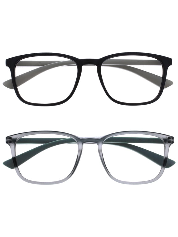 MAX Reading Glasses 2 Pack - Classic Large Rectangular Frame - Matte Black Gray - Men's Women's Unisex - Spring Hinges - RR78-17 - +2.00