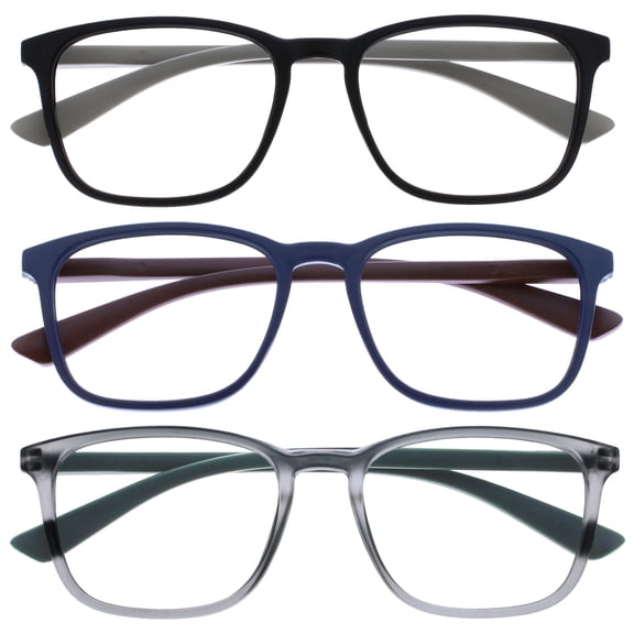 OPULIZE MAX Reading Glasses 3 Pack - Classic Large Rectangular Frame - Matte Black Blue Gray - Men's Women's Unisex - Spring Hinges - RRR78-137 - +2.50