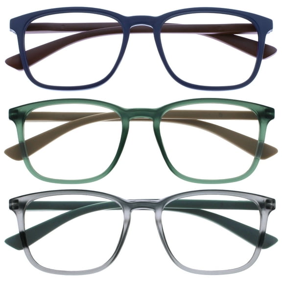 OPULIZE MAX Reading Glasses 3 Pack - Classic Large Rectangular Frame - Matte Blue Green Gray - Men's Women's Unisex - Spring Hinges - RRR78-367 -  1.50