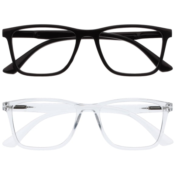 OPULIZE NYX Blue Light Blocking Reading Glasses - Anti-Glare Computer & Gaming Eyewear - 2 Pack - UV & Eyestrain Protection - Rectangular Frame - Black Clear - Mens Womens - + 2.00