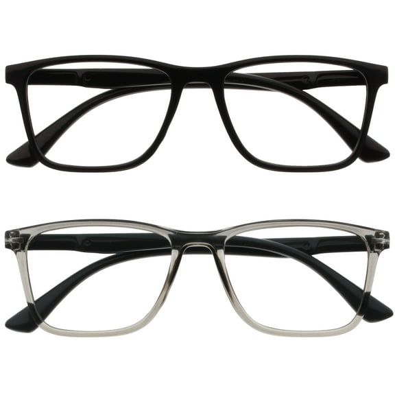 OPULIZE NYX Blue Light Blocking Reading Glasses - Anti-Glare Computer & Gaming Eyewear - 2 Pack - UV & Eyestrain Protection - Rectangular Frame - Black Gray - Mens Womens - + 2.00