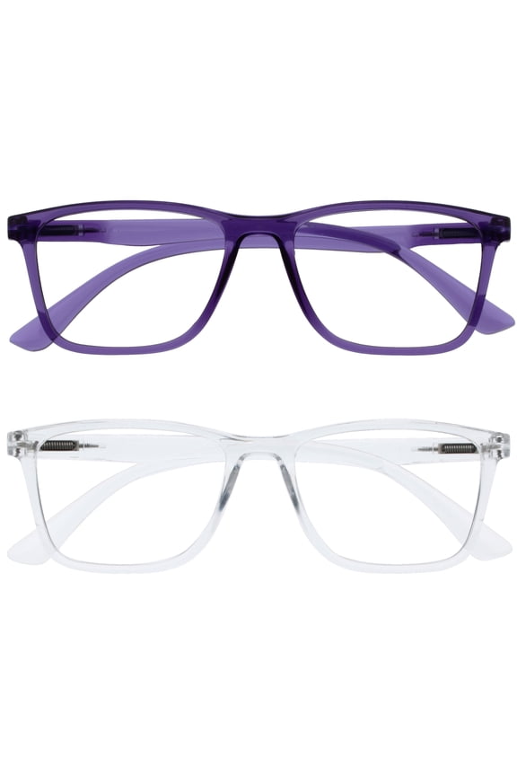 NYX Blue Light Blocking Reading Glasses - Anti-Glare Computer & Gaming Eyewear - 2 Pack - UV & Eyestrain Protection - Rectangular Frame - Purple Clear - Mens Womens - + 2.00