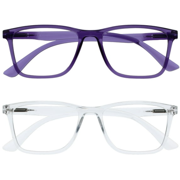 OPULIZE NYX Blue Light Blocking Reading Glasses - Anti-Glare Computer & Gaming Eyewear - 2 Pack - UV & Eyestrain Protection - Rectangular Frame - Purple Clear - Mens Womens - + 3.00