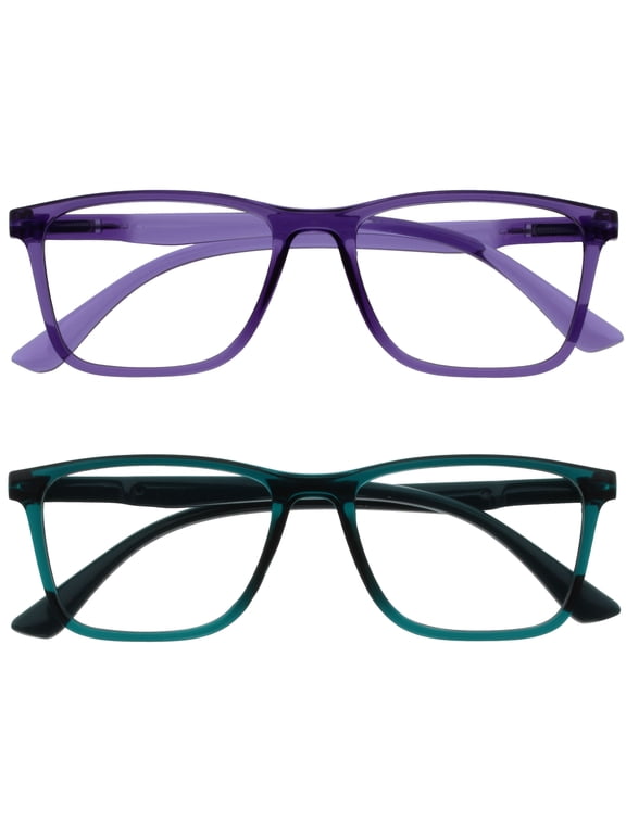 NYX Blue Light Blocking Reading Glasses - Anti-Glare Computer & Gaming Eyewear - 2 Pack - UV & Eyestrain Protection - Rectangular Frame - Purple Turquoise - Mens Womens - + 2.00