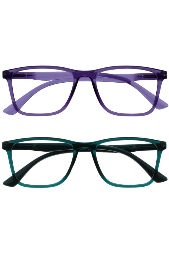 NYX Blue Light Blocking Reading Glasses - Anti-Glare Computer & Gaming Eyewear - 2 Pack - UV & Eyestrain Protection - Rectangular Frame - Purple Turquoise - Mens Womens - + 2.00