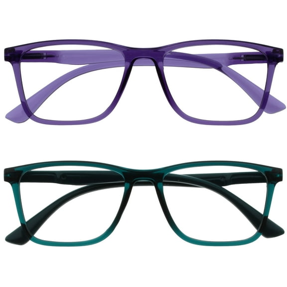 OPULIZE NYX Blue Light Blocking Reading Glasses - Anti-Glare Computer & Gaming Eyewear - 2 Pack - UV & Eyestrain Protection - Rectangular Frame - Purple Turquoise - Mens Womens - + 0.00