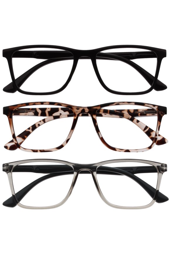 NYX Blue Light Blocking Reading Glasses - Anti-Glare Computer & Gaming Eyewear - 3 Pack - UV & Eyestrain Protection - Rectangular Frame - Black Brown Gray - Mens Womens - + 0.00