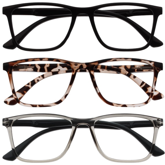 OPULIZE NYX Blue Light Blocking Reading Glasses - Anti-Glare Computer & Gaming Eyewear - 3 Pack - UV & Eyestrain Protection - Rectangular Frame - Black Brown Gray - Mens Womens - + 2.00