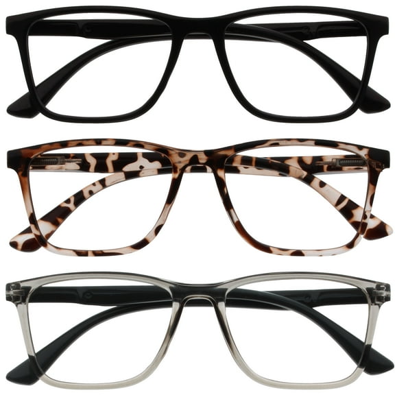 OPULIZE NYX Blue Light Blocking Reading Glasses - Anti-Glare Computer & Gaming Eyewear - 3 Pack - UV & Eyestrain Protection - Rectangular Frame - Black Brown Gray - Mens Womens - + 2.50