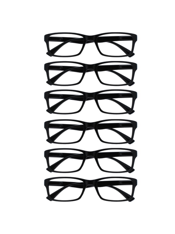 PEP Reading Glasses 6 Pack - Classic Everyday Rectangular Frame - Spring Hinges Scratch Resistant - Black - Mens Womens - RRRRRR92-1 - +3.00