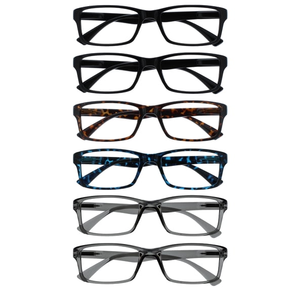 OPULIZE PEP Reading Glasses 6 Pack - Classic Everyday Rectangular Frame - Spring Hinges Scratch Resistant - Black Brown Blue Gray - Mens Womens - RRRRRR92-112377 - +2.50