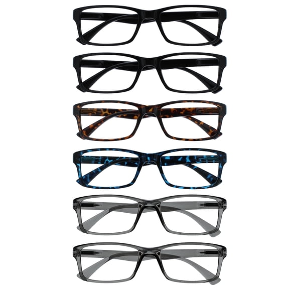 OPULIZE PEP Reading Glasses 6 Pack - Classic Everyday Rectangular Frame - Spring Hinges Scratch Resistant - Black Brown Blue Gray - Mens Womens - RRRRRR92-112377 - +1.50
