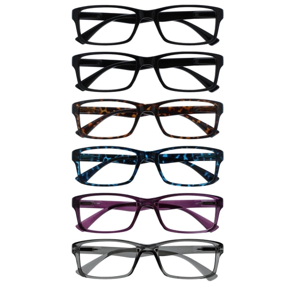 OPULIZE PEP Reading Glasses 6 Pack - Classic Everyday Rectangular Frame - Spring Hinges Scratch Resistant - Black Brown Blue Purple Gray - Mens Womens - RRRRRR92-112357 - +2.00