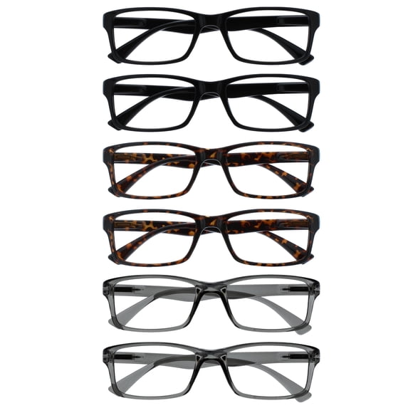 OPULIZE PEP Reading Glasses 6 Pack - Classic Everyday Rectangular Frame - Spring Hinges Scratch Resistant - Black Brown Transparent Gray - Mens Womens - RRRRRR92-112277 - +2.00