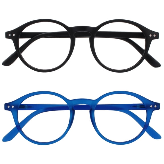 OPULIZE REY Reading Glasses - 2-Pack - Retro Round Frame - Matte Black, Blue - Mens Womens - Spring Hinges - RR56-13 - +2.00