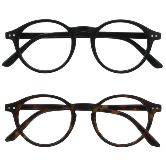 OPULIZE REY Reading Glasses - 2-Pack - Retro Round Frame - Matte Black, Brown Tortoiseshell - Mens Womens - Spring Hinges - RR56-12 - +2.00