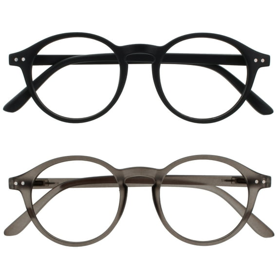 OPULIZE REY Reading Glasses - 2-Pack - Retro Round Frame - Matte Black, Gray - Mens Womens - Spring Hinges - RR56-17 - +2.00