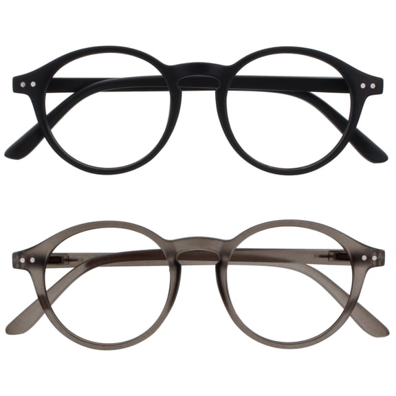 OPULIZE REY Reading Glasses - 2-Pack - Retro Round Frame - Matte Black, Gray - Mens Womens - Spring Hinges - RR56-17 - +3.50