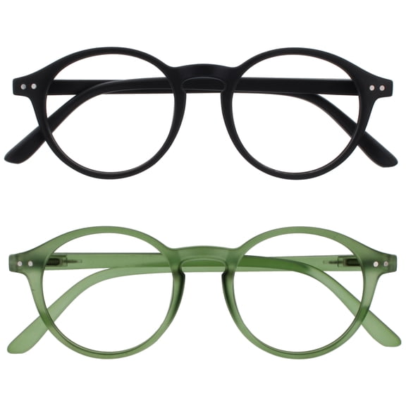 OPULIZE REY Reading Glasses - 2-Pack - Retro Round Frame - Matte Black, Green - Mens Womens - Spring Hinges - RR56-16 - +3.50