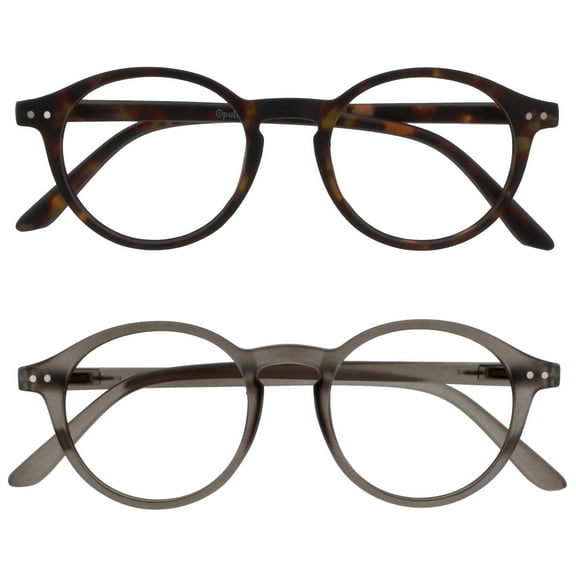 OPULIZE REY Reading Glasses - 2-Pack - Retro Round Frame - Matte Brown Tortoiseshell, Gray - Mens Womens - Spring Hinges - RR56-27 - +2.00