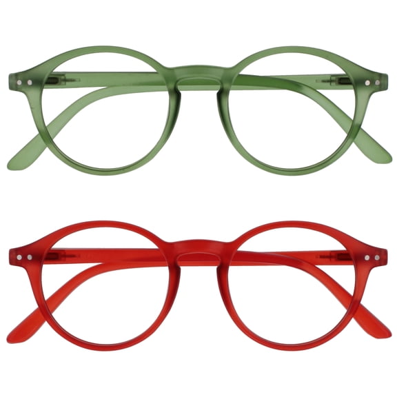 OPULIZE REY Reading Glasses - 2-Pack - Retro Round Frame - Matte Green, Red - Mens Womens - Spring Hinges - RR56-6Z - +3.00