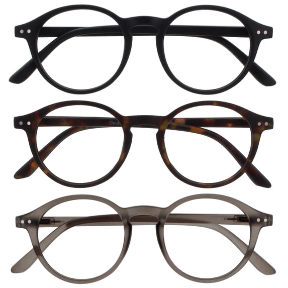 OPULIZE REY Reading Glasses - 3-Pack - Retro Round Frame - Matte Black, Brown Tortoiseshell, Gray - Mens Womens - Spring Hinges - RRR56-127 - +2.00