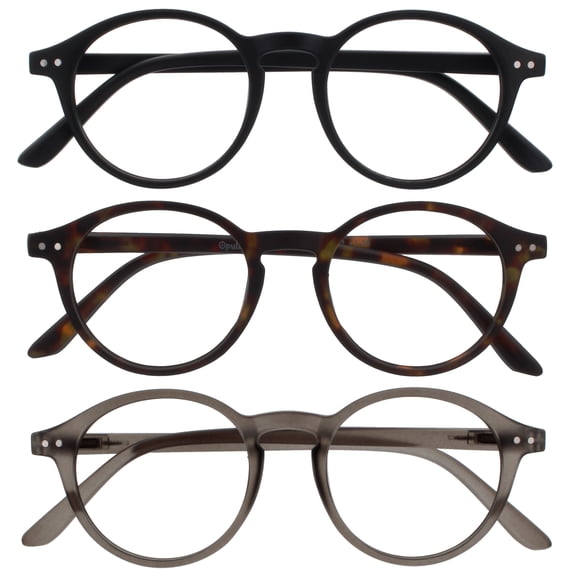 OPULIZE REY Reading Glasses - 3-Pack - Retro Round Frame - Matte Black, Brown Tortoiseshell, Gray - Mens Womens - Spring Hinges - RRR56-127 - +3.00