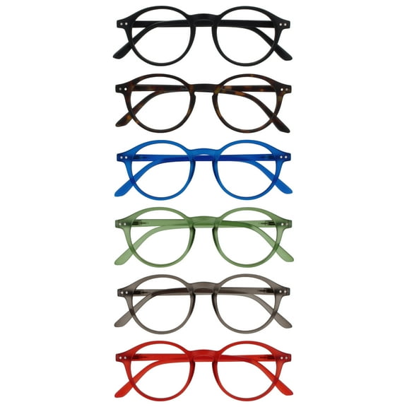 OPULIZE REY Reading Glasses - 6-Pack - Retro Round Frame - Matte Black, Brown, Blue, Green, Gray, Red - Mens Womens - Spring Hinges - RRRRRR56-12367Z -  3.50