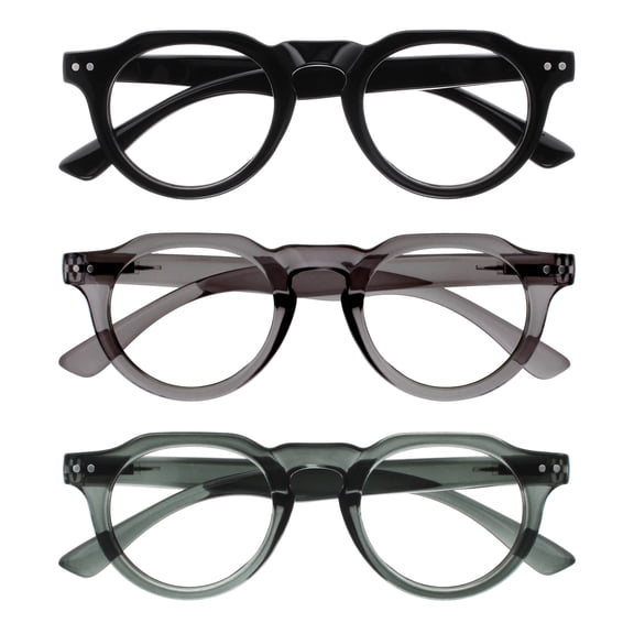 OPULIZE RIO Blue Light Blocking Reading Glasses - 3-Pack - Flat Top Frame - Black, Green, Gray - Mens Womens - Spring Hinges - BBB53-167 - +1.50