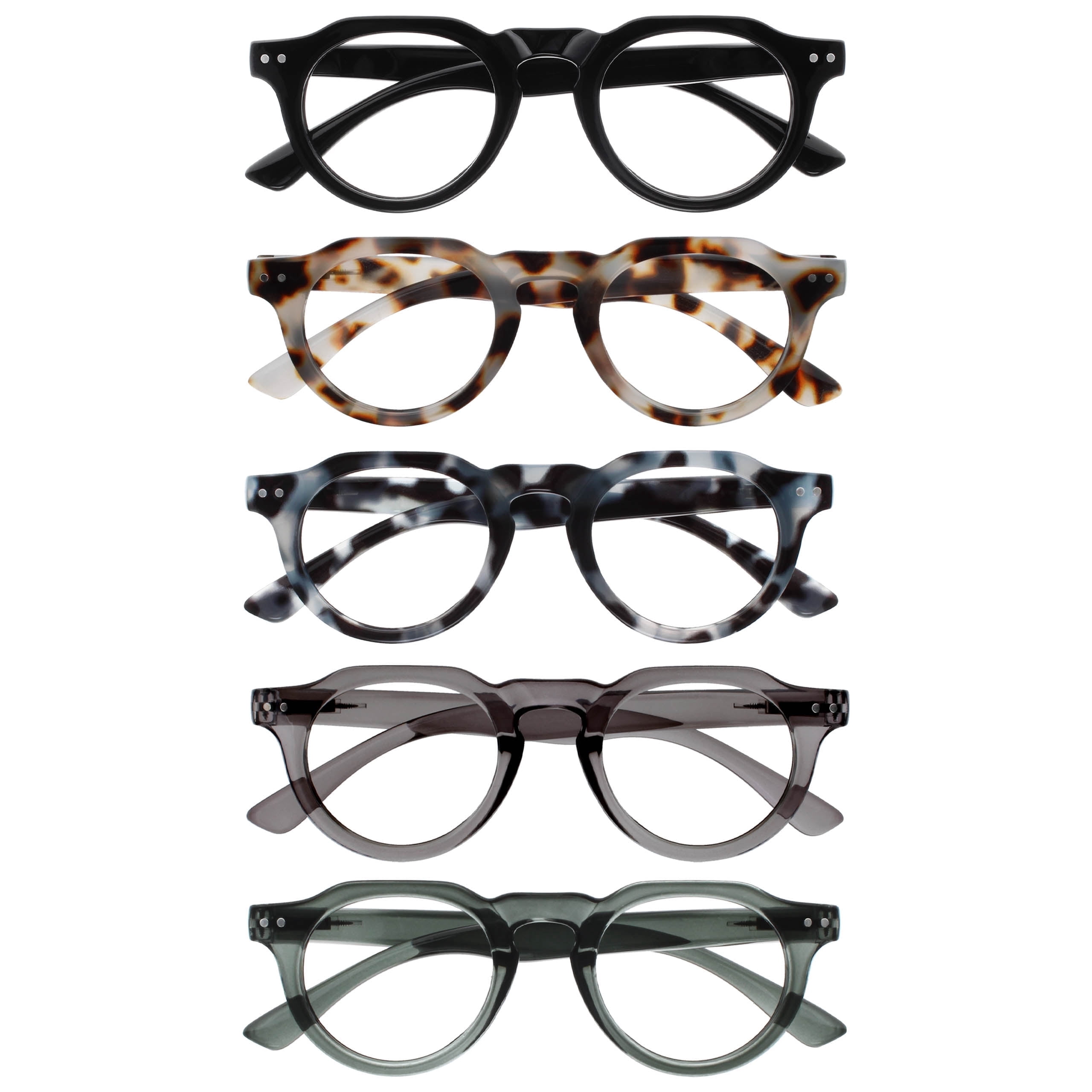 OPULIZE RIO Blue Light Blocking Reading Glasses - 5-Pack - Flat Top Frame - Black, Brown & Blue Tortoiseshell, Green, Gray - Mens Womens - BBBBB53-12367 - +2.50