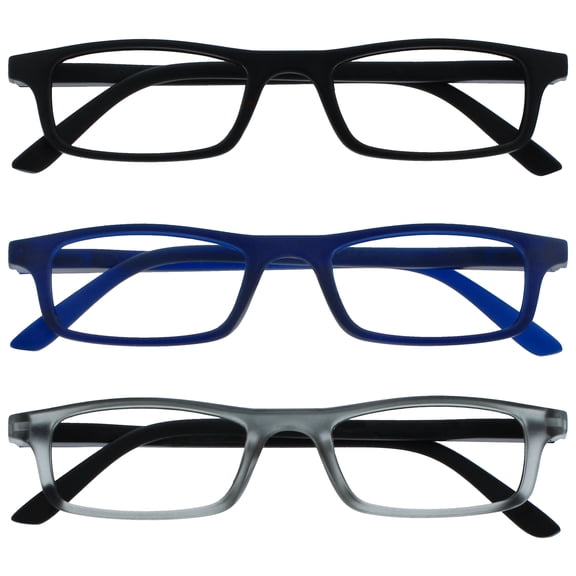 OPULIZE TED Reading Glasses - 3 Pack - Narrow Lightweight Frame - Black, Navy Blue, Transparent Gray - Mens Womens - Scratch Resistant, Spring Hinges - RRR17-137 - +1.00