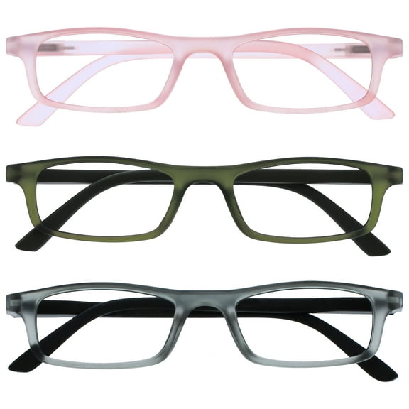 OPULIZE TED Reading Glasses - 3 Pack - Narrow Lightweight Frame - Transparent Baby Pink, Khaki, Gray - Mens Womens - Scratch Resistant, Spring Hinges - RRR17-467 - +3.00