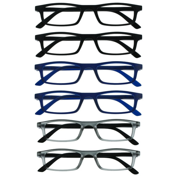OPULIZE TED Reading Glasses - 6 Pack - Rectangular Frame - Black, Blue, Gray - Mens Womens - Scratch Resistant, Spring Hinges - RRRRRR17-113377 - +1.00