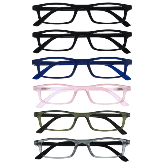 OPULIZE TED Reading Glasses - 6 Pack - Rectangular Frame - Black, Blue, Pink, Khaki, Gray - Mens Womens - Scratch Resistant, Spring Hinges - RRRRRR17-113467 - +2.50
