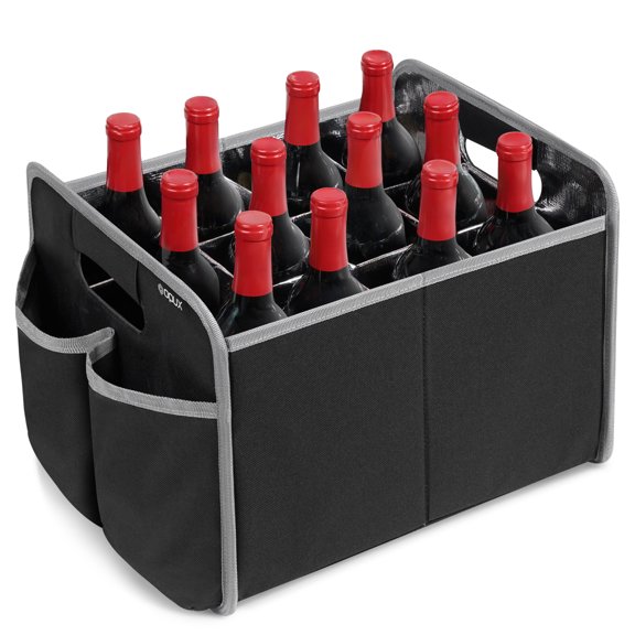 OPUX 12 Bottle Wine Tote Bag, Collapsible Wine Carrier Caddy Box with Dividers for Moving, Foldable Liquor Bottle Storage Glass Holder, Portable Reusable Wine Storage Box - Black