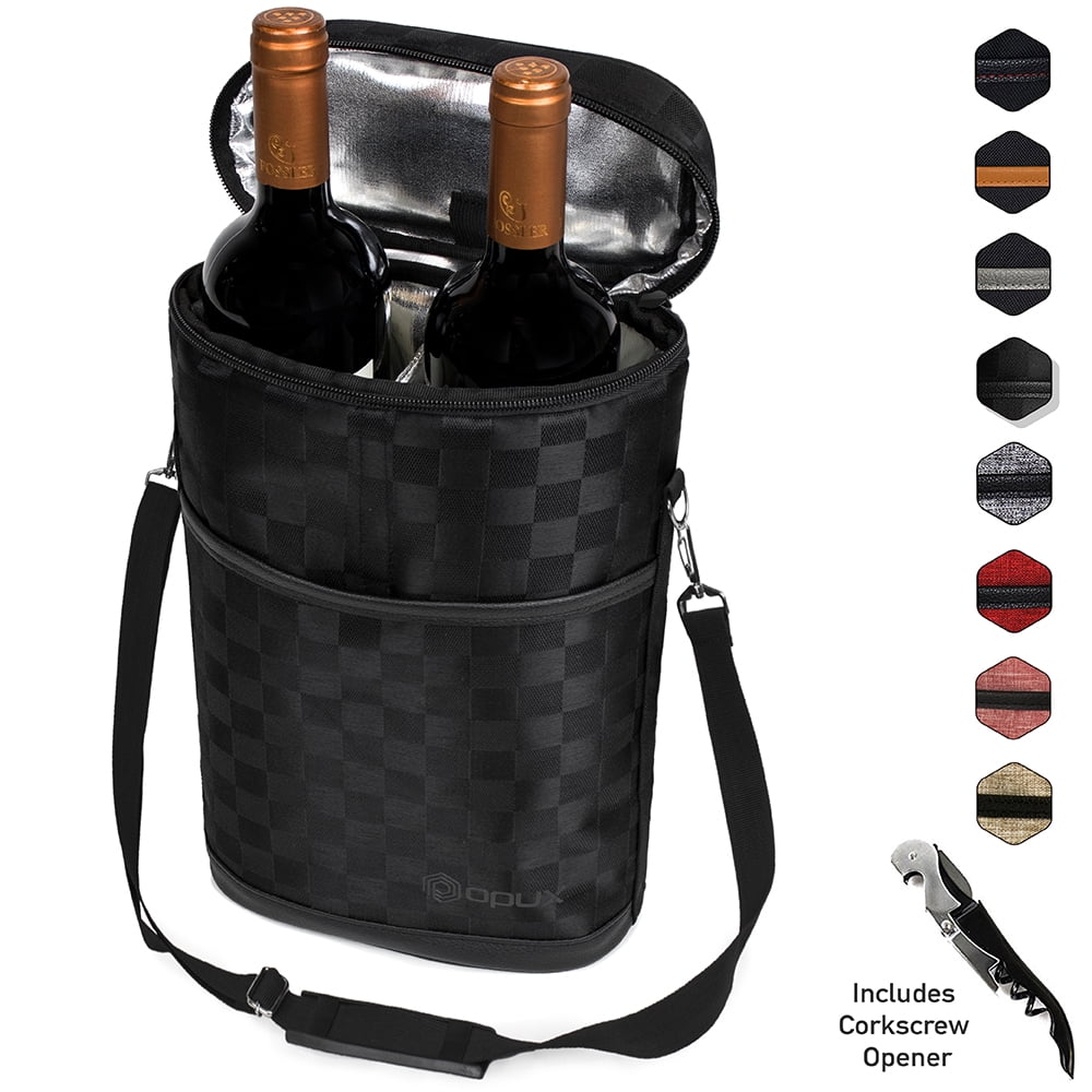 Opux Insulated 2 Bottle Wine Carrier | Wine Tote Bag with Shoulder Strap, Padded Protection, Corkscrew Opener | Portable Wine Cooler Carrying Bag for