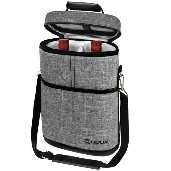 OPUX 2 Bottle Wine Carrier Tote, Insulated Leakproof Wine Cooler Bag, Wine Travel Bag for Picnic BYOB Beach, Portable Wine Bottle Carrying Case, Gift for Wine Lover Women Men Christmas, Heather Grey