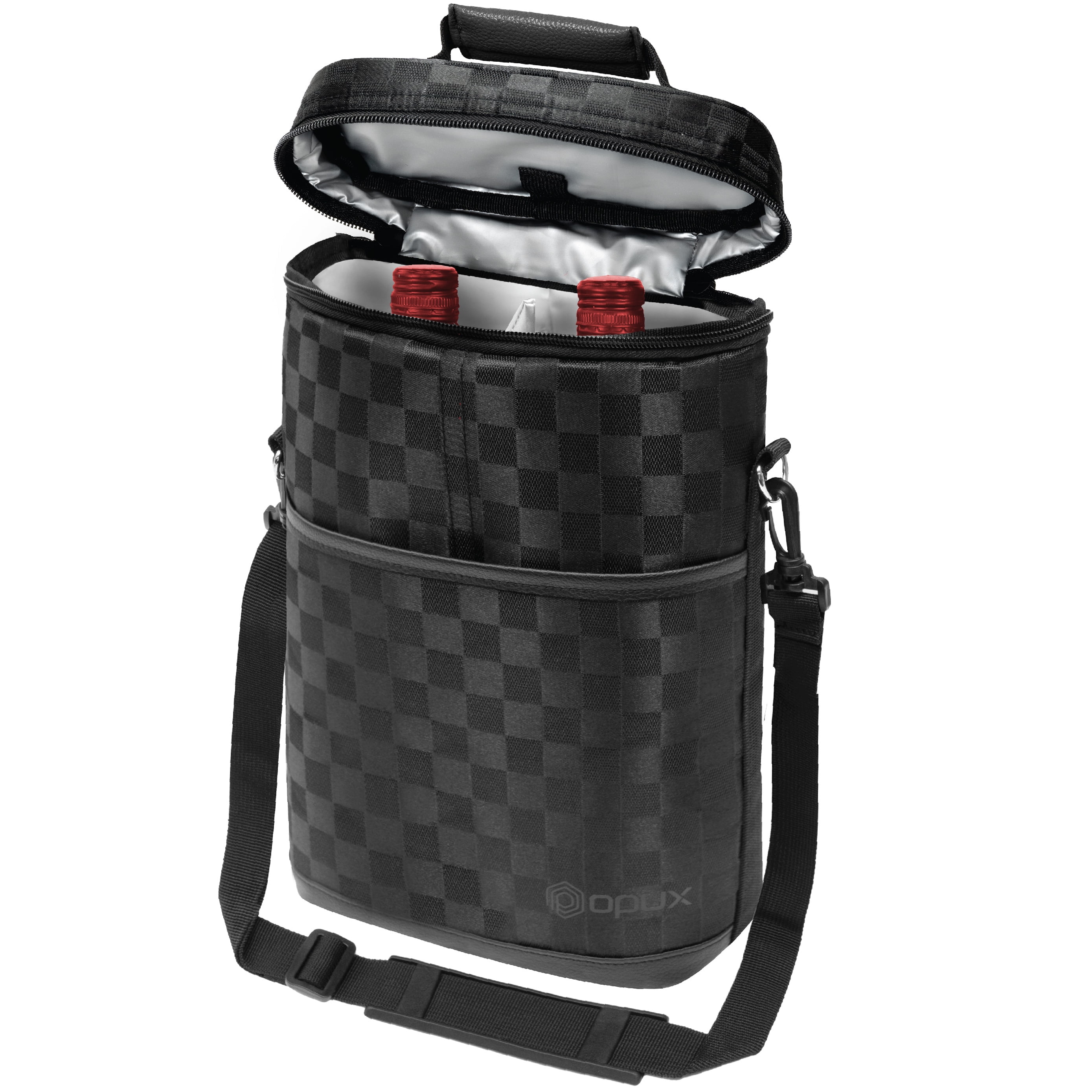 Checkered Black Insulated 2 Bottle Wine Carrier Tote