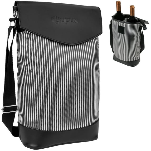 OPUX 2 Bottle Wine Bag Tote Carrier, Leakproof Insulated Wine Cooler Bag for Travel Picnic, Padded Portable Wine Bag with Pocket for Party Christmas Gift for Wine Lovers Women Men, Black/White Stripes