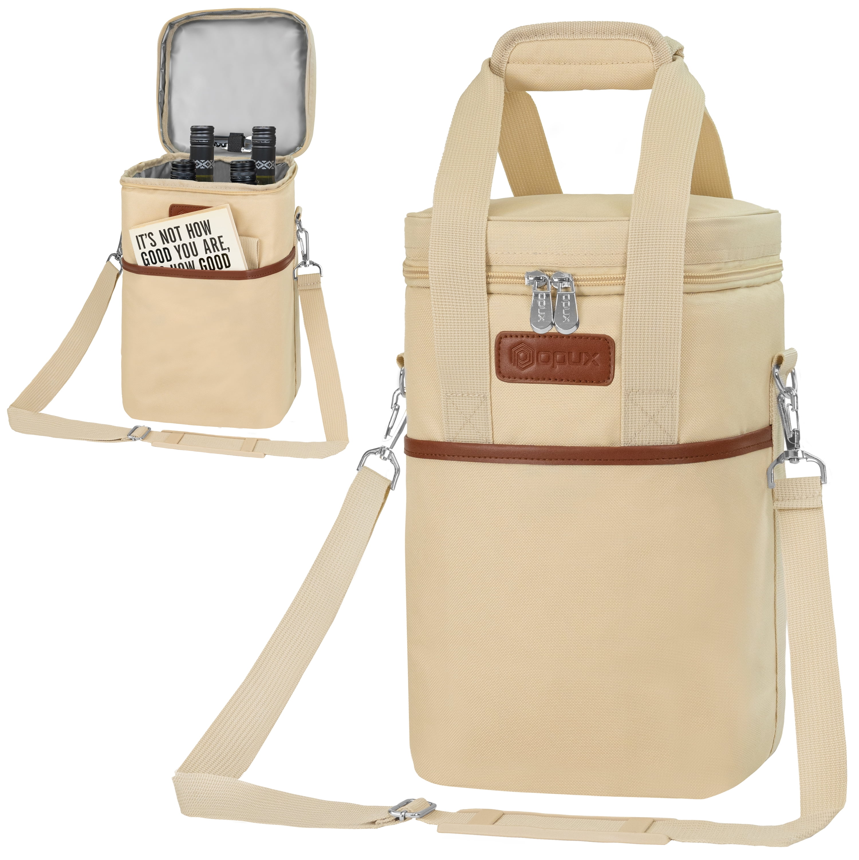 Cream Beige Insulated 4-Bottle Wine Tote Carrier with PU Leather Trim