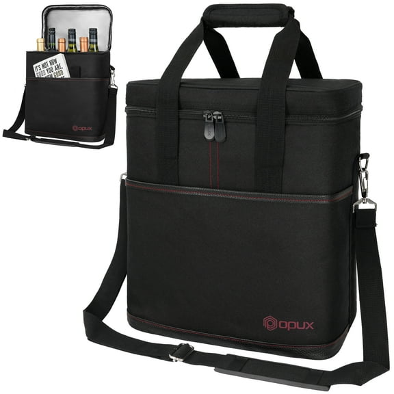 OPUX 6 Bottle Carrier Tote | Insulated Padded Wine Cooler Bag for Travel. Picnic, BYOB | Portable Leakproof Wine Tote Bag for Dinner, Party, Christmas, Wine Gift for Women, Men (Black)