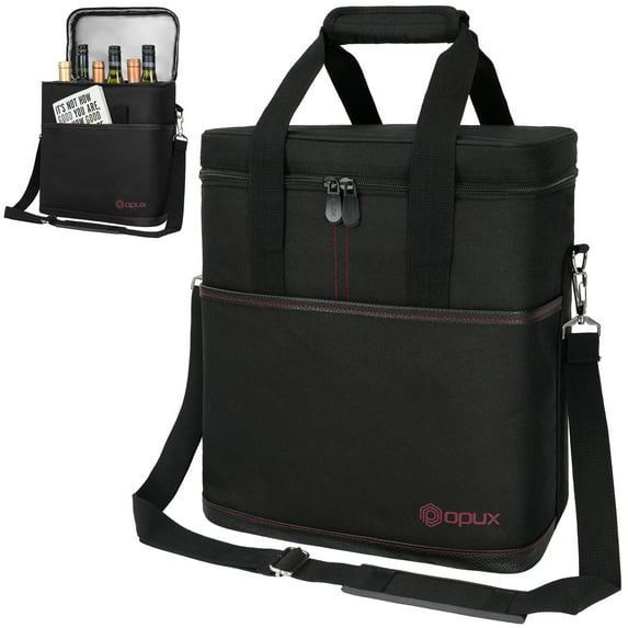OPUX 6 Bottle Carrier Tote | Insulated Padded Wine Cooler Bag for Travel. Picnic, BYOB | Portable Leakproof Wine Tote Bag for Dinner, Party, Christmas, Wine Gift for Women, Men (Black)