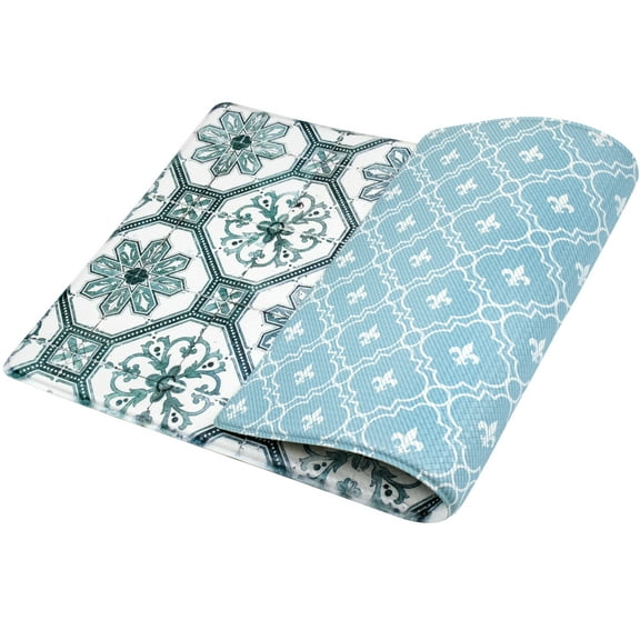OPUX Anti Fatigue Kitchen Floor Mat, Reversible Cushioned Memory Foam Kitchen Rug Pad, Waterproof Non-Slip Padded Comfort Standing Mat Office Laundry Home, 32x17 (Floral Tile Blue)