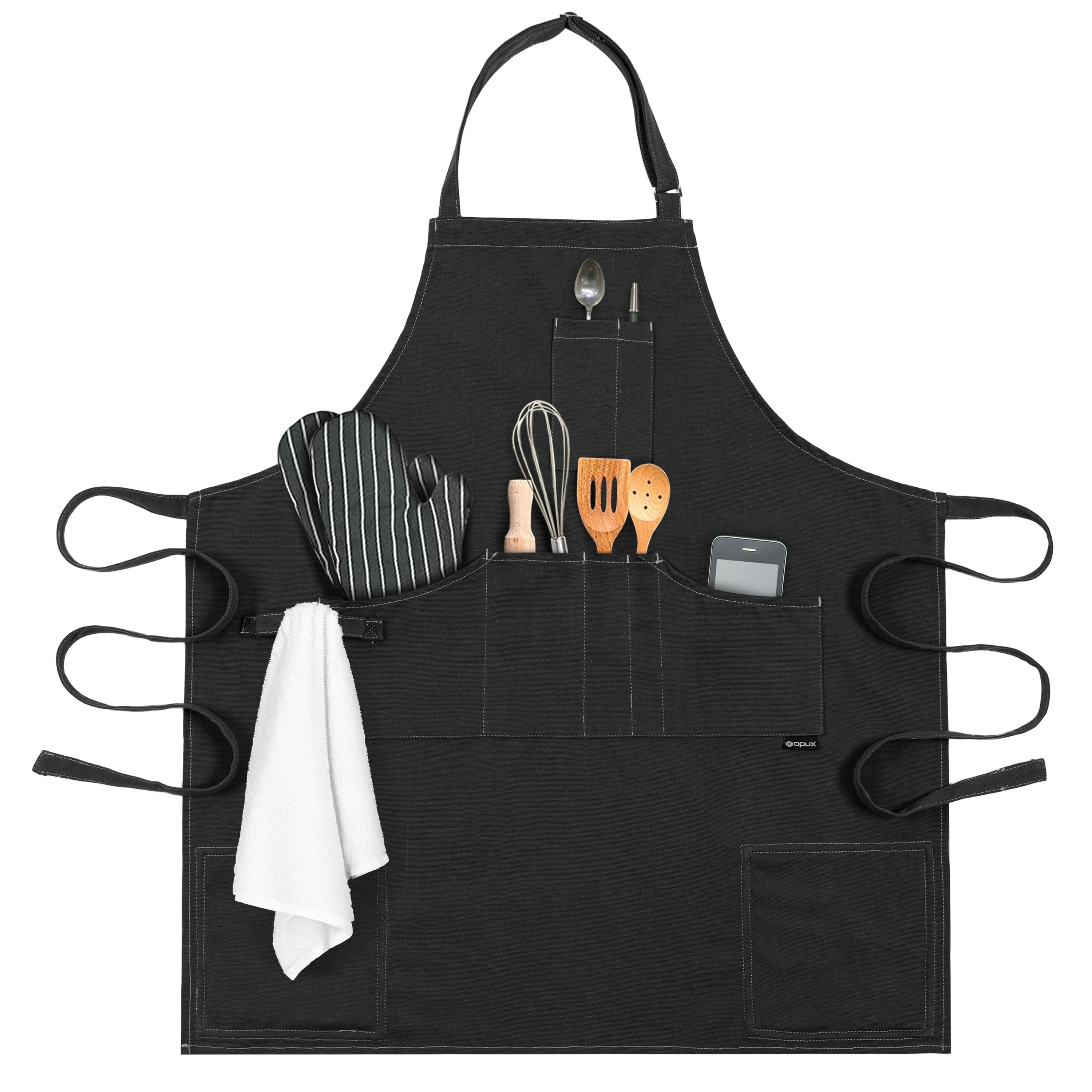 OPUX Chef Apron for Men, Canvas Apron with Pockets for Women, Large BBQ Apron for Kitchen Grilling Baking, Heavy Duty Work Apron with Adjustable Neck Strap for Barber Gardening, Black